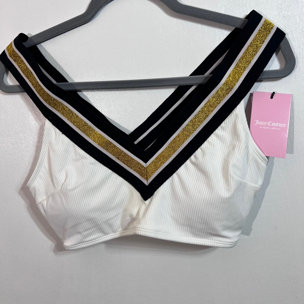 Juicy Couture NWT White Ribbed Bikini Top L Black Gold Y2K Sporty Glam